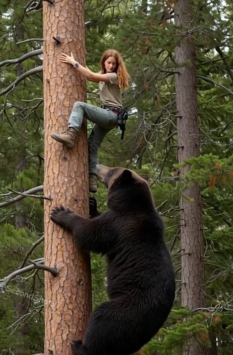 Woman in Tree Stand Watches As Bear Climbs Ladder
