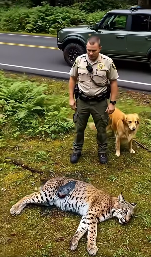 Police Man and Golden Retriever dog helps Bobcat suffering from huge tumor…
