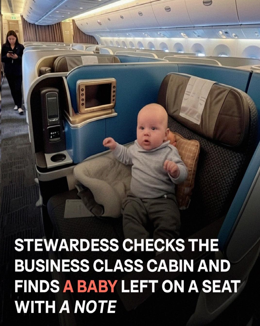 Stewardess Checks Business Class Cabin, Finds a Baby Abandoned in a Seat with a Note